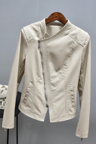 Retro Women Solid Spread Collar Pocket Regular Fit Long Sleeve Zip Closure PU Jacket