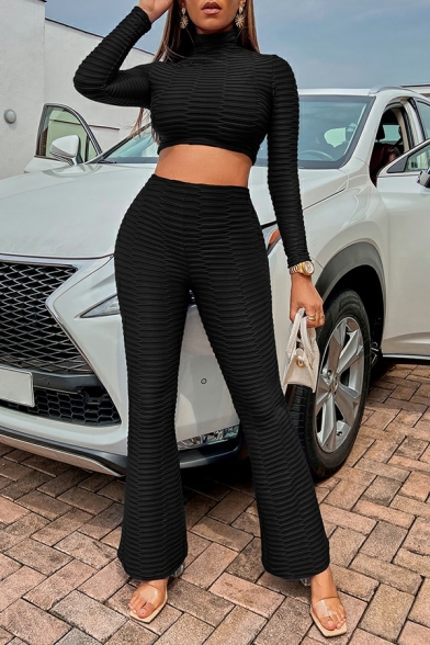 Trendy Ladies Pure Color Long Sleeves High Neck Crop Tee Shirt with Bootcut Pants Co-ords
