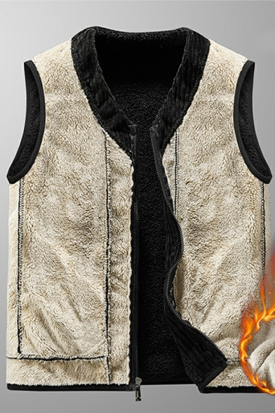 Unique Mens Pure Color Sleeveless Front Pocket V-neck Relaxed Zip Fly Vest