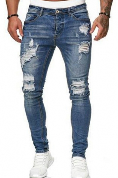 Urban Jeans Solid Color Distressed Ankle Length Slim Fit Zip Closure Jeans for Men