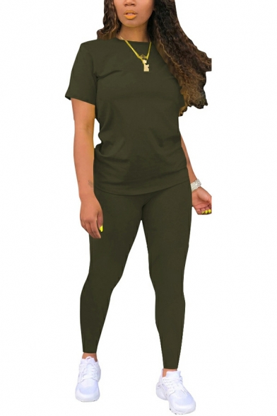 Women Classic Solid Short Sleeve Round Collar Tee Shirt & Pants Slim Fitted Co-ords