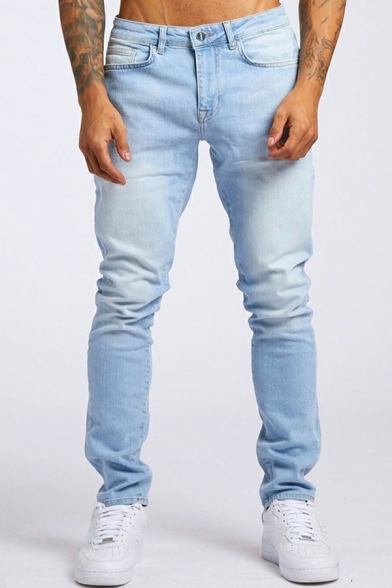 Boyish Whole Colored Mid Rise Full Length Slim Fitted Zip Placket Jeans for Guys
