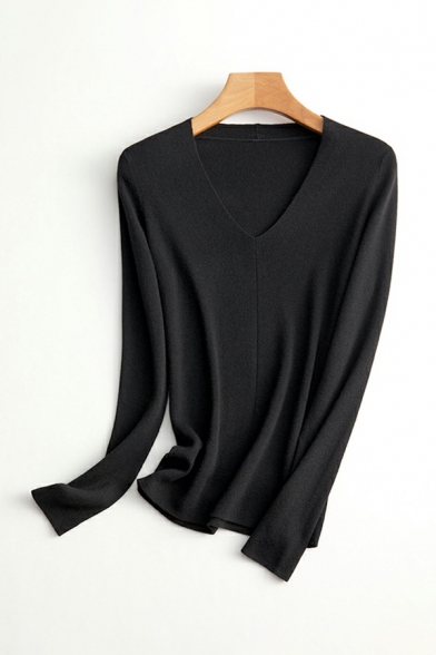 Casual Womens Whole Colored V-Neck Long Sleeve Regular Fitted Knitted Top