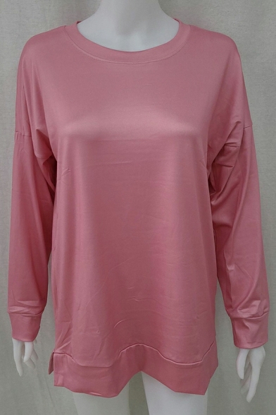 Cool Women Pure Color Long Sleeves Round Collar Regular Fit Pullover Sweatshirt