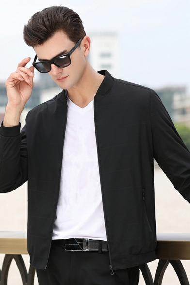 Dashing Guys Pure Color Pocket Stand Collar Long Sleeve Fitted Zip Fly Baseball Jacket