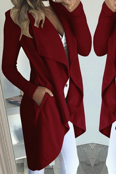 Edgy Women Solid Color Lapel Collar Fitted Long Sleeve Open Front Trench Coat