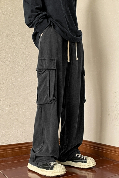 Elegant Guy's Whole Colored Mid Rise Loose Drawcord Flap Pocket Full Length Cargo Pants