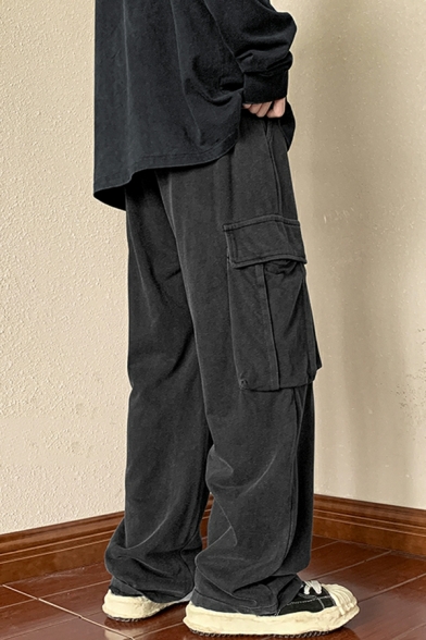 Elegant Guy's Whole Colored Mid Rise Loose Drawcord Flap Pocket Full Length Cargo Pants