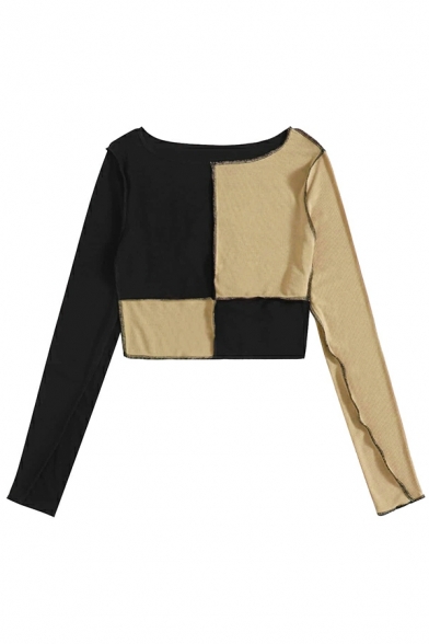 Fashion Ladies Color Block Long Sleeve Scoop Collar Skinny Crop Knitted Top