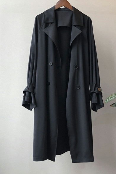 Fashion Plain Button-up Lapel Collar Long Sleeve Loose Knee Length Trench Coat for Girls