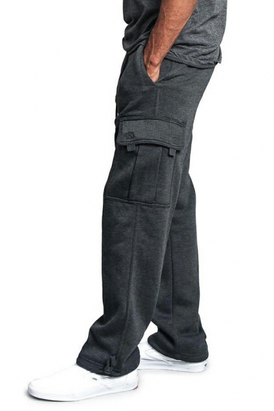 Fashionable Guy's Plain Flap Pocket Mid Rise Loose Drawcord Waist Cargo Pants