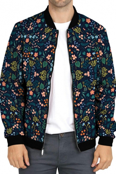 Fashionable Guy's Plants Printed Pocket Long Sleeve Stand Collar Fitted Zip down Coat