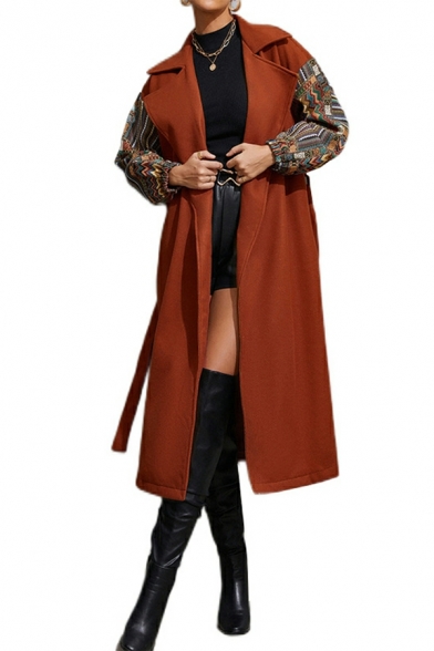 Girl's Fashion Solid Belt Lapel Collar Loose Long Sleeves Open Front Trench Coat