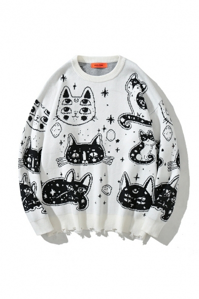 Ladies Urban Cartoon Cat Print Round Neck Long Sleeves Relaxed Knitted Top