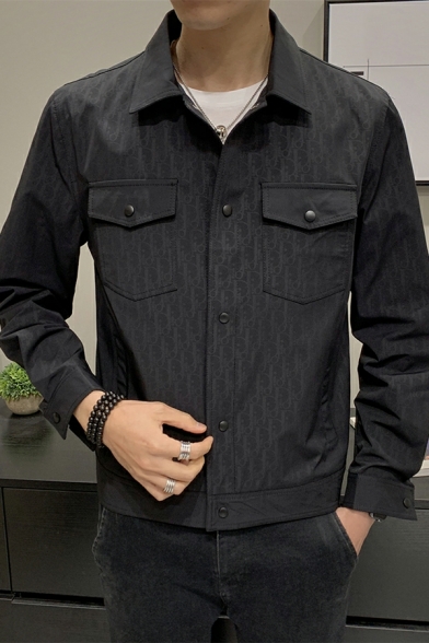 Men Classic Pure Color Pocket Long-Sleeved Turn-down Collar Fitted Button Closure Jacket