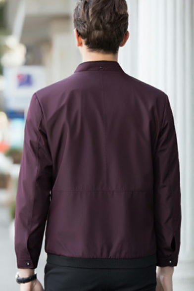 Men Dashing Plain Pocket Decoration Long Sleeves Regular Stand Collar Zip Fly Jacket