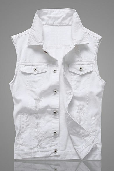 Men Freestyle Plain Chest Pocket Sleeveless Spread Neck Loose Single Breasted Denim Vest
