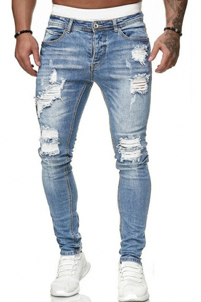 Men Leisure Whole Colored Distressed Design Mid Waist Long Length Skinny Zip Up Jeans