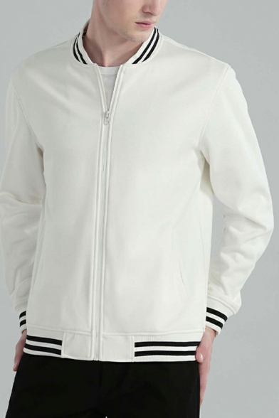 Simple Jacket Striped Print Pocket Long-Sleeved Stand Neck Zip Fly Baseball Jacket for Men