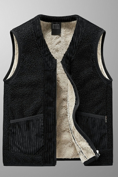 Unique Mens Pure Color Sleeveless Front Pocket V-neck Relaxed Zip Fly Vest