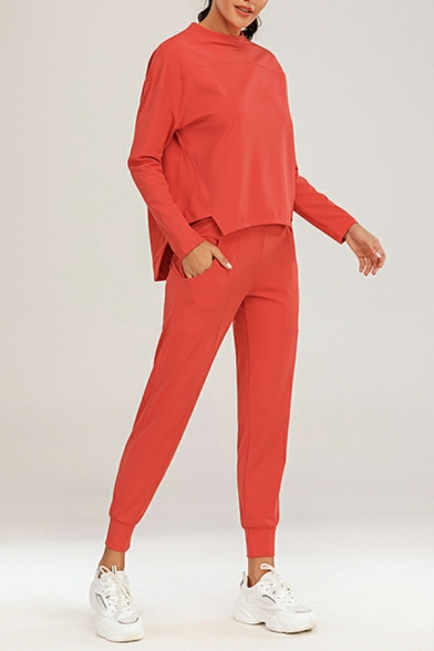 Women's Plain Fitness Suit Long-sleeved Round Neck Irregular Hem Top & Slim Elastic Trousers