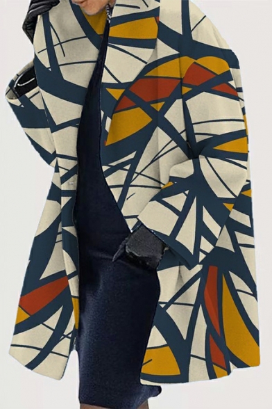 Women Street Look 3D Geometric Print Spread Collar Long Sleeve Single Button Trench Coat