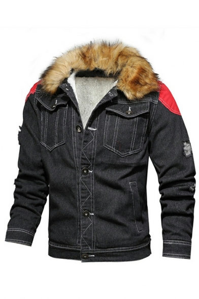 Boyish Contrast Color Pocket Long Sleeve Fleece Hooded Skinny Button Fly Jacket for Guys