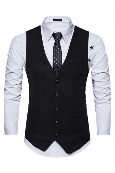 Cool Guy's Whole Colored V-neck Sleeveless Skinny Single Breasted Vest