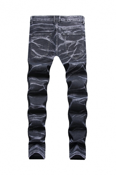 Dashing Guys Smoke Print Full Length Ripped Mid Rise Straight Zip Fly Jeans for Men