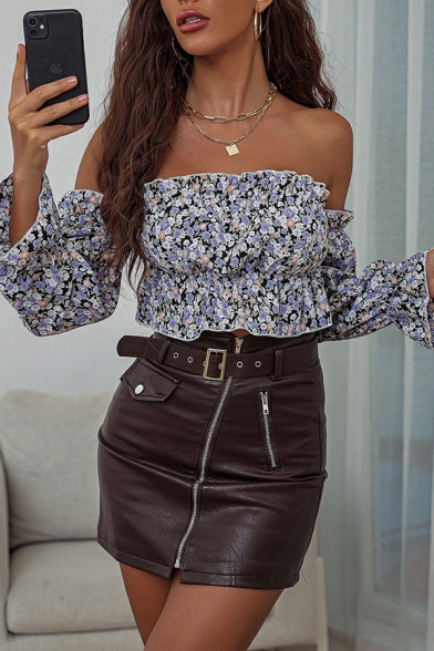 Fashionable Floral Long Sleeves off The Shoulder Ruffles Design Crop Shirt for Ladies