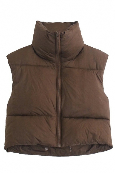 Girlish Ladies Stand Neck Pure Color Front Pocket Regular Fitted Zip down Crop Vest