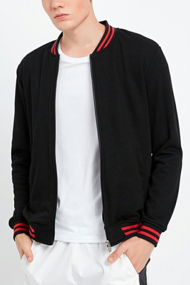 Guy's Leisure Stripe Pattern Long Sleeves Fitted Zip-up Stand Neck Baseball Jacket