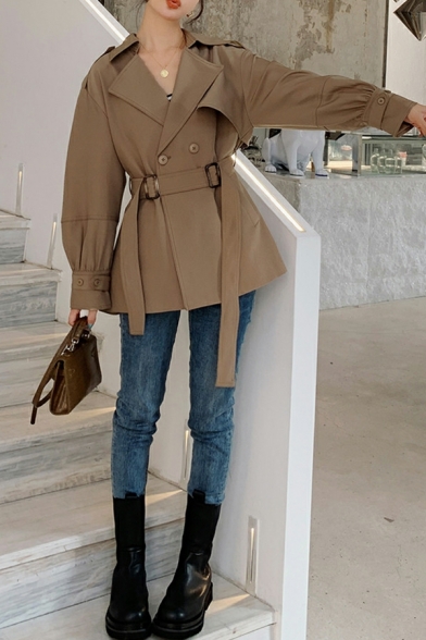 Leisure Ladies Solid Color Lapel Collar Loose Belt Long Sleeve Double Buttons Trench Coat