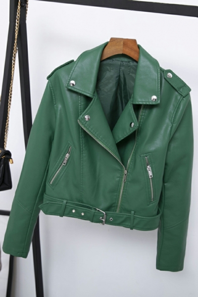 Leisure Women Solid Pocket Lapel Collar Long Sleeve Relaxed Zip Fly Leather Jacket