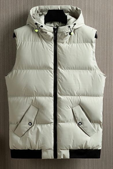 Men Fancy Contrast Color Hooded Pocket Sleeveless Relaxed Zip Placket Vest