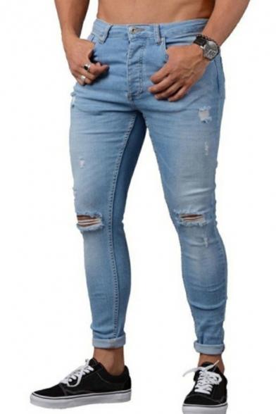Men Modern Whole Colored Ripped Detailed Full Length Mid Rise Slim Fitted Zip Fly Jeans
