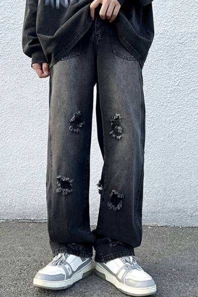 Men Street Look Pure Color Pocket Mid Waist Zipper Distressed Cargo Pants