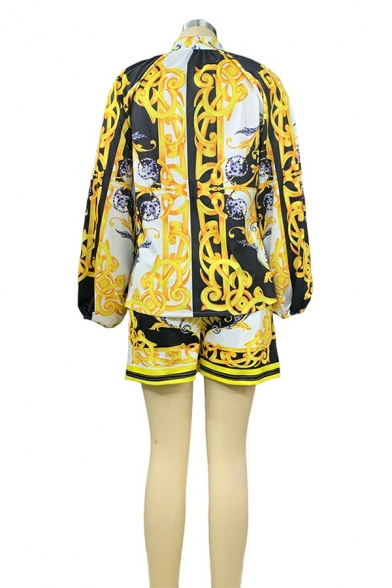 Popular Women Tribal Print Stand Neck Button Fly Long Sleeve Shirt & Shorts Fitted Co-ords