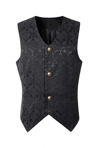 Retro Jacquard Print Buckle Back V-Neck Button Fly Sleeveless Fitted Vest for Men