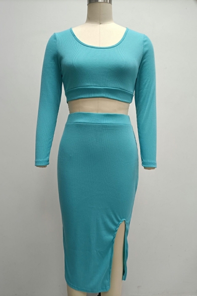 Stylish Ladies Pure Color Scoop Neck Long Sleeve Crop Knitted Top & Slit Maxi Skirts Set