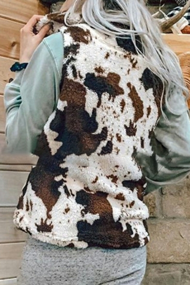 Vintage Ladies Milk Cow Pattern Spread Collar Sleeveless Regular Zip Placket Vest