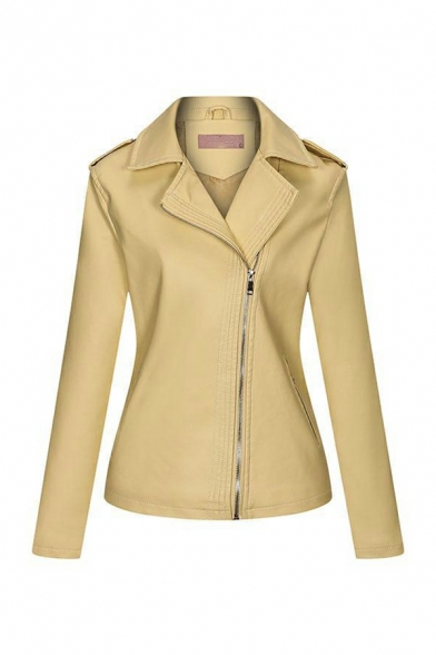 Chic Girls Whole Colored Lapel Collar Slimming Long-sleeved Zip-up Leather Jacket