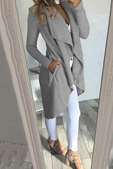 Edgy Women Solid Color Lapel Collar Fitted Long Sleeve Open Front Trench Coat
