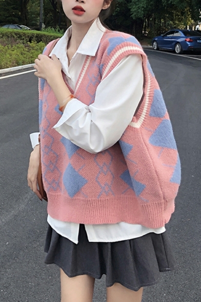 Elegant Ladies Geometric Print Sleeveless Oversized V Neck Knitted Vest