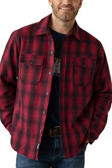 Fancy Jacket Plaid Print Chest Pocket Long Sleeve Spread Collar Button Fly Jacket for Men