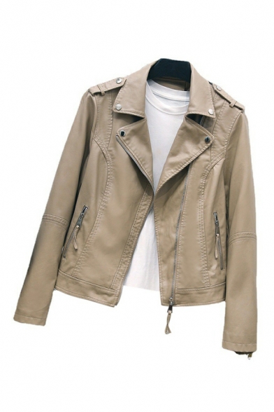 Fashionable Ladies Solid Color Lapel Collar Long Sleeve Regular Zip Up Leather Jacket