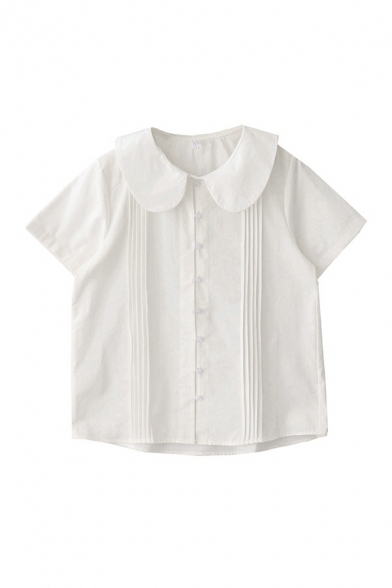 Girls Classic Pure Color Peter Pan Collar Short-Sleeved Relaxed Button Closure Shirt