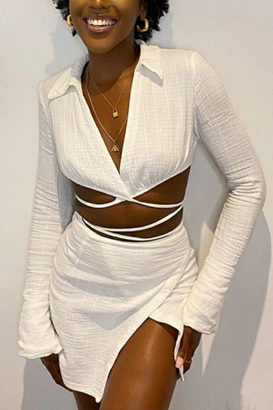 Ladies Lapel Long Sleeve Tie Top Two-Piece Set with Sexy Slit Skirt