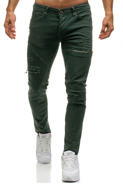 Men Boyish Pure Color Distressed Decorated Long Length Mid Rise Zip down Skinny Jeans