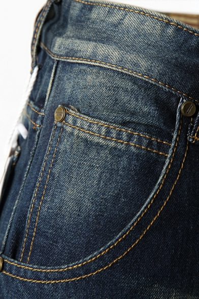 Men Creative Pure Color Destroyed Design Slimming Full Length Pocket Zip Placket Jeans
